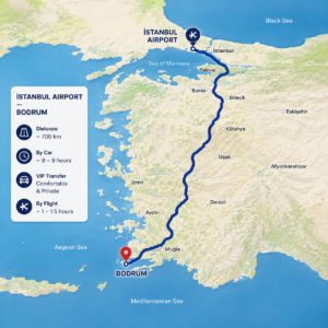 Route map from Istanbul Airport to Bodrum